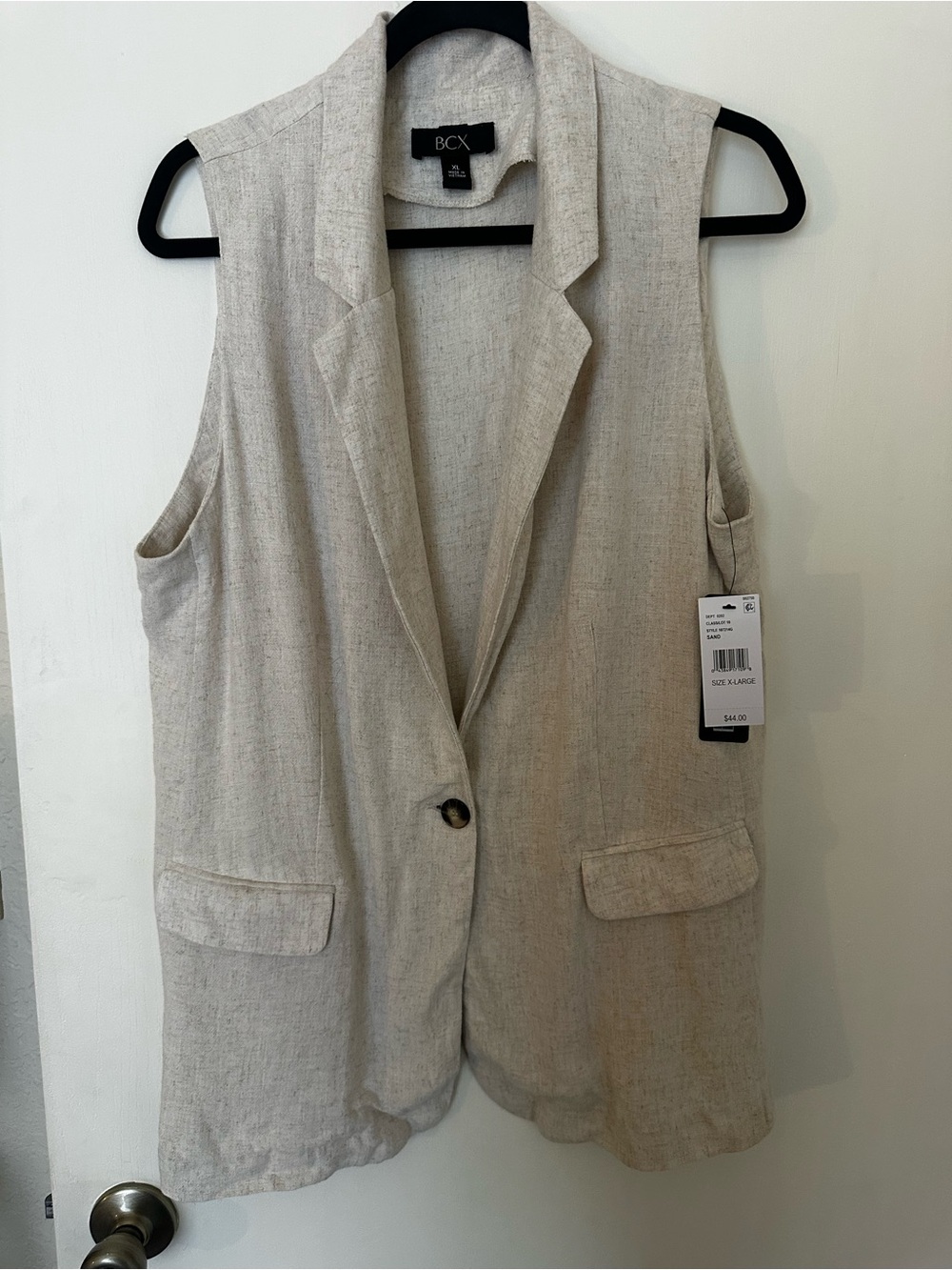 BCX Linen-Blend Sleeveless Blazer Vest in Natural Beige
